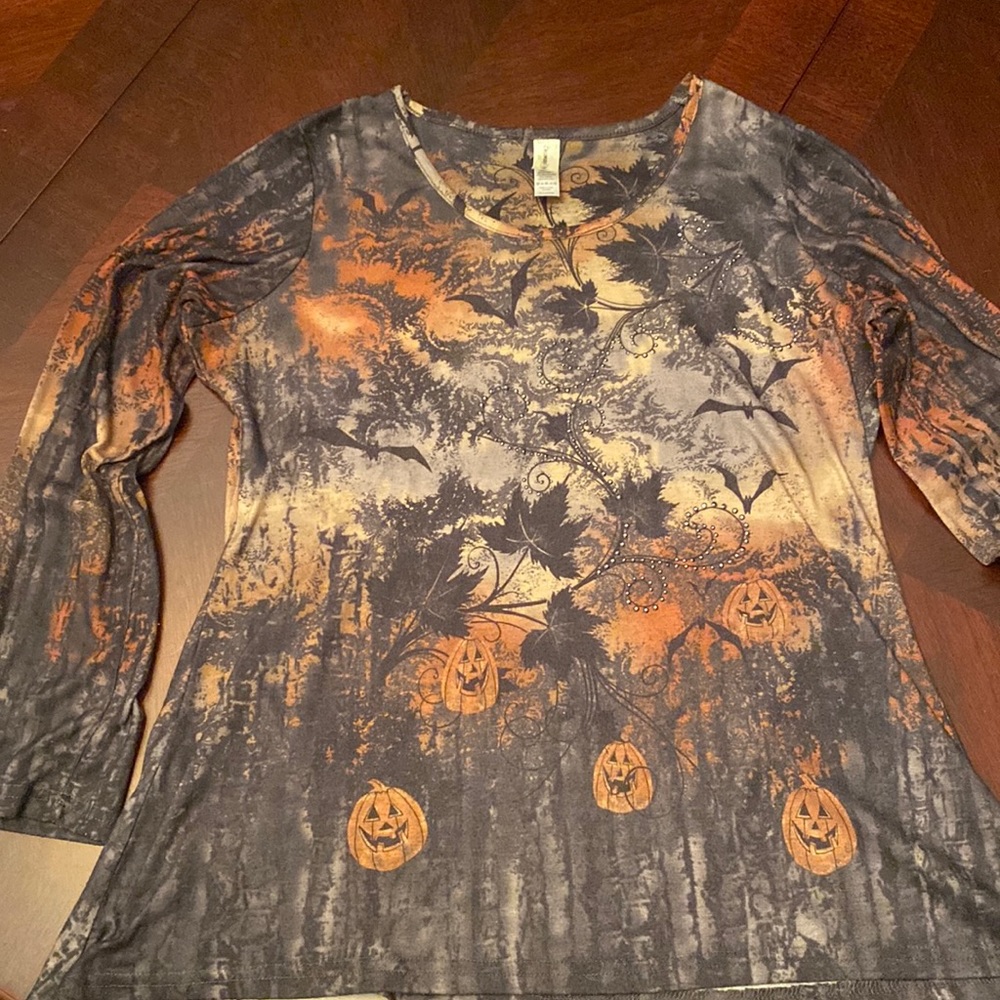 Decorated Originals Halloween Jack O Lantern Bat Graphic Top XL Rust Black